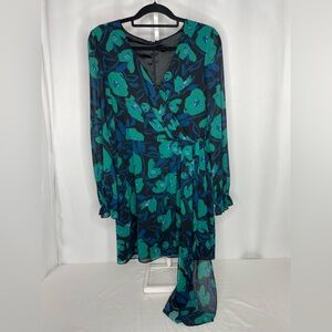 Badgley Mischka Floral Wrap Dress Size 10 Green Blue Sheer Long Sleeve mini